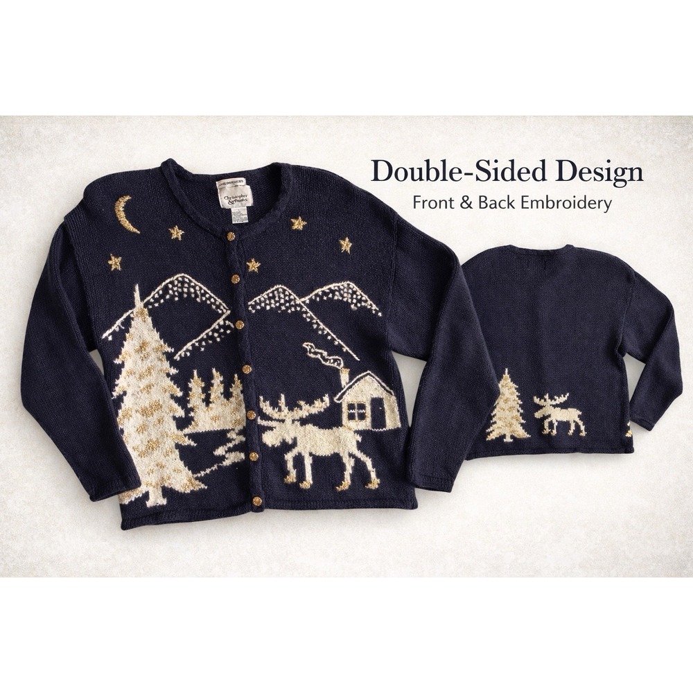 Vintage Hand Embroidered Moose Cardigan Sweater Size L Blue Cabin Folk Grandma